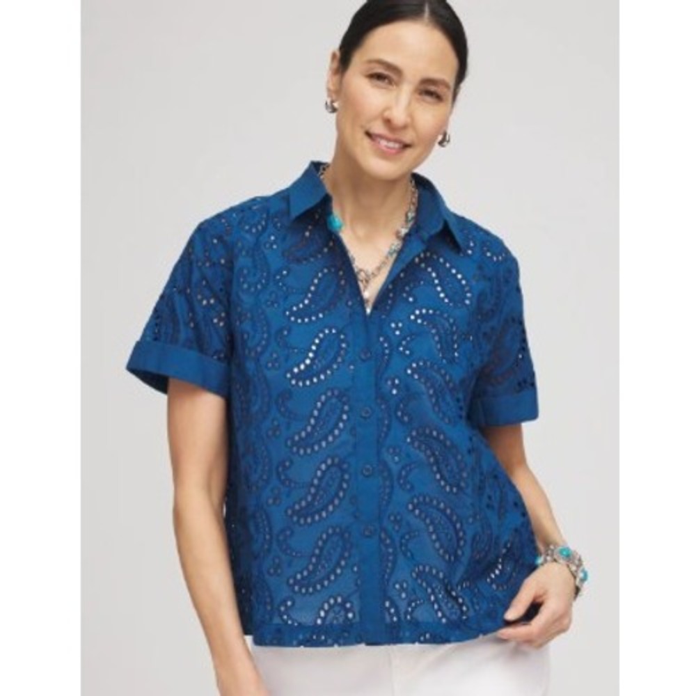 Chicos‎ NWT Short Sleeve Eyelet Shirt Teal Blue Paisley Button Down Top Size 1